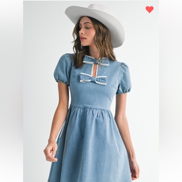 Endless Blu 🦋 Tencell Denim Mini Dress Bow S M L Coquette Cotton - Picture 3 of 13